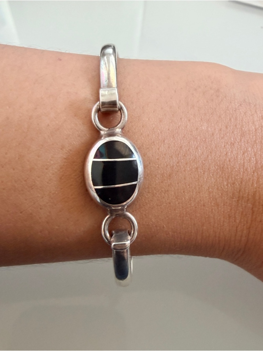 Sterling Silver Black Onyx Oval Link Bracelet